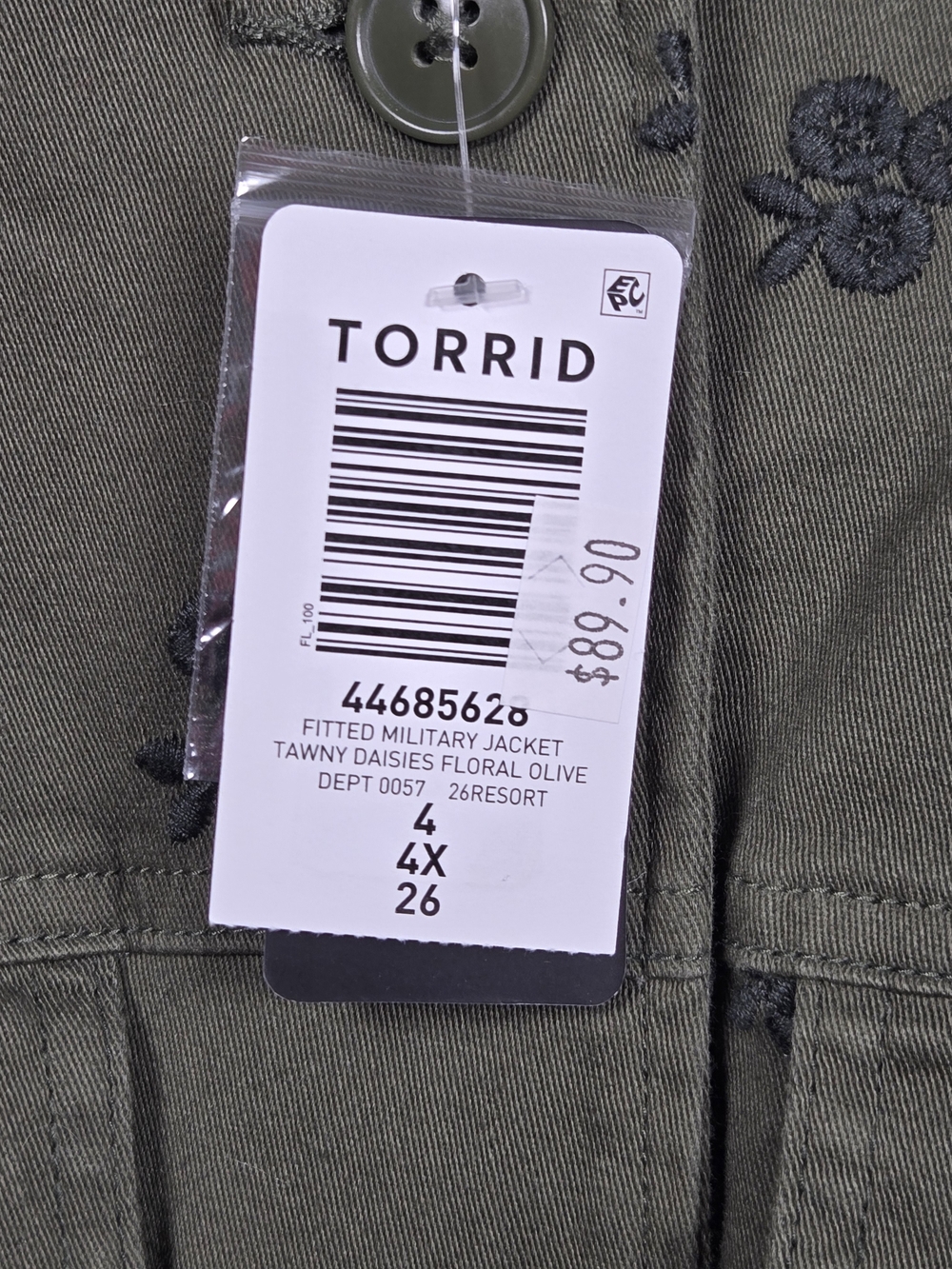 NWT Torrid Olive Fitted Military Embroidered Tawny Daisies Floral Cotton Jacket - Picture 5 of 13
